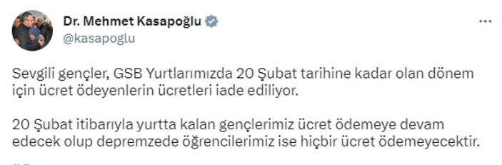 Gençlik ve Spor Bakanı Muharrem Kasapoğlu duyurdu: KYK yurt ücretleri iade edilecek