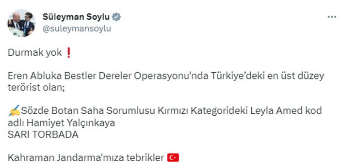 İçişleri Bakanı Süleyman Soylu duyurdu: 1 terörist daha sarı torbada
