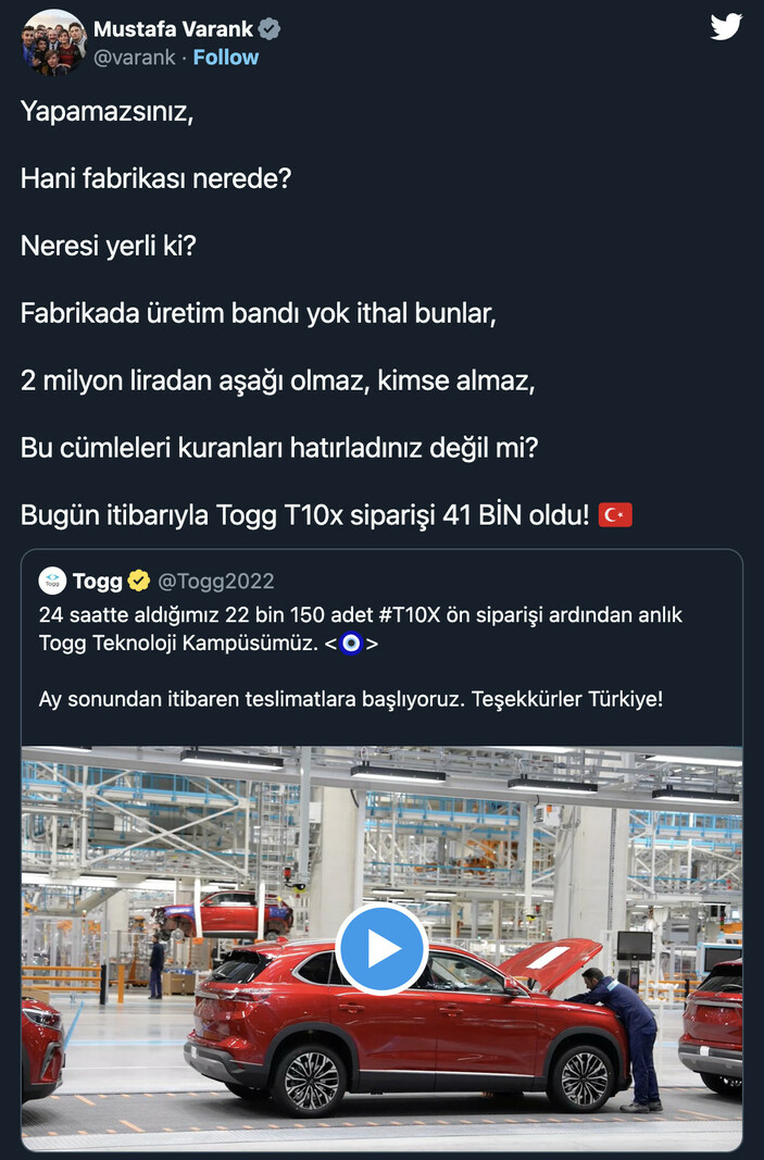Mustafa Varank, Togg başvurularının 41 bine yükseldiğini açıkladı