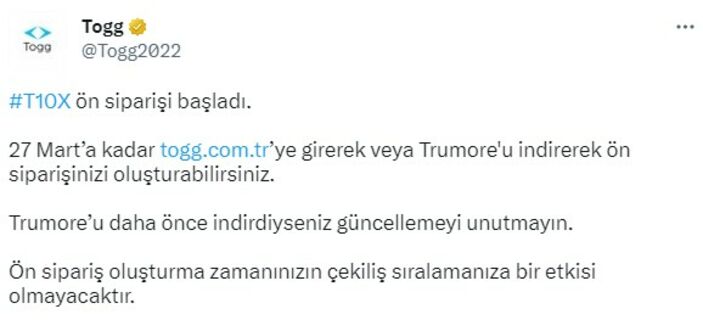Togg’un ön siparişi başladı